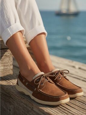 Brown Suede Boat Shoes Mesh Panel Comfort Deck Shoes Memory Foam Like New